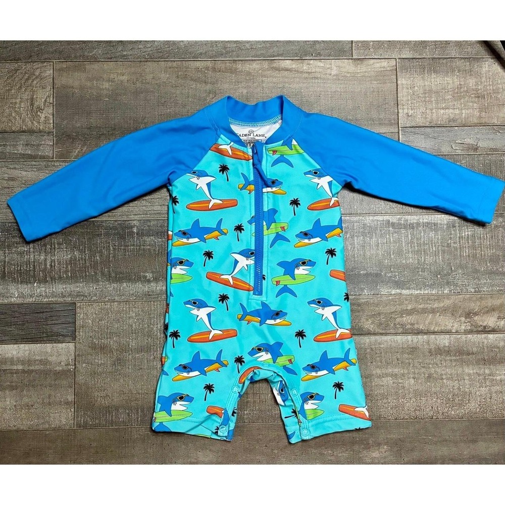 Caden Lane "Surfin' Sharks" Long Sleeve Rash Guard Swim Romper - 3-6 Months
